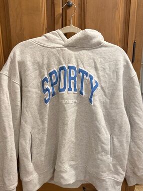 Sporty Graphic Hoodie - Light Gray with Blue Lettering